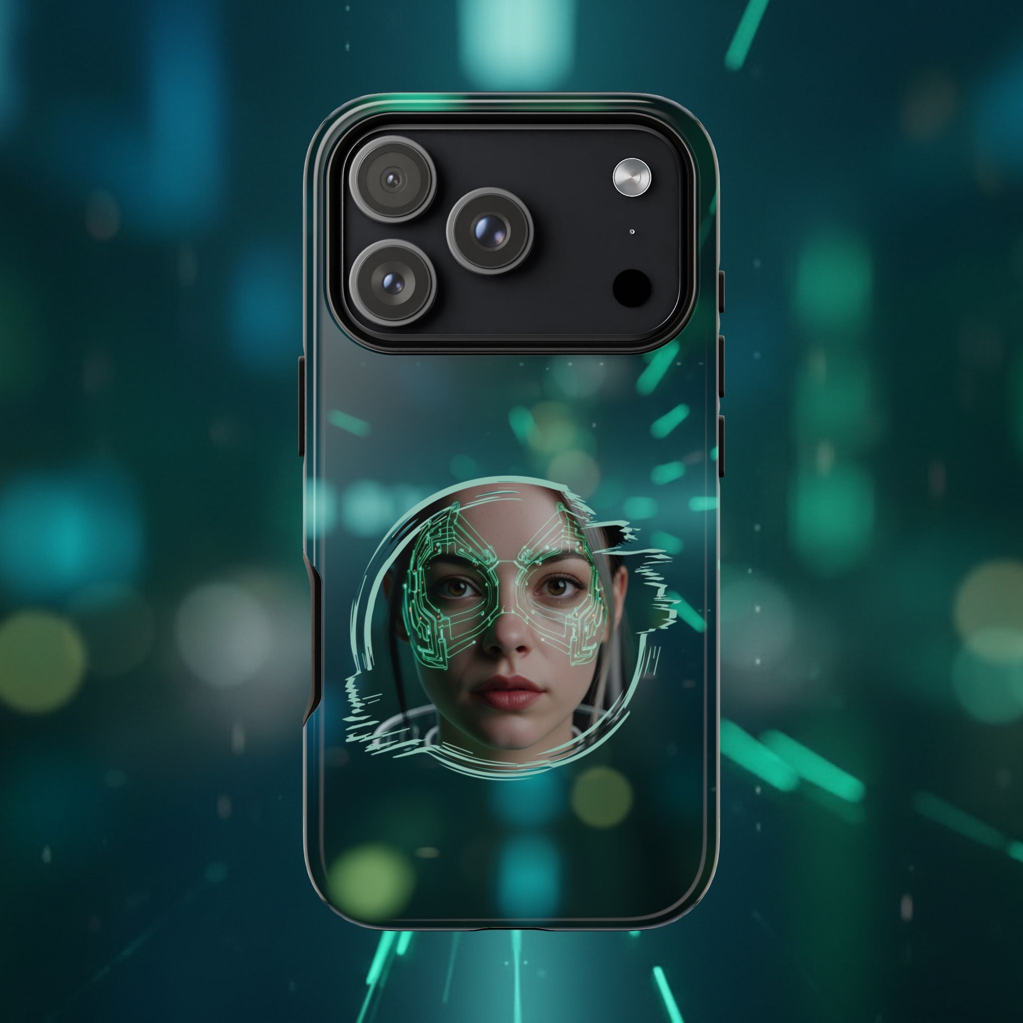 Cyberpunk Portrait Phone Case — Futuristic Neon Tech Face Design Tough Case - Green Cyborg Woman