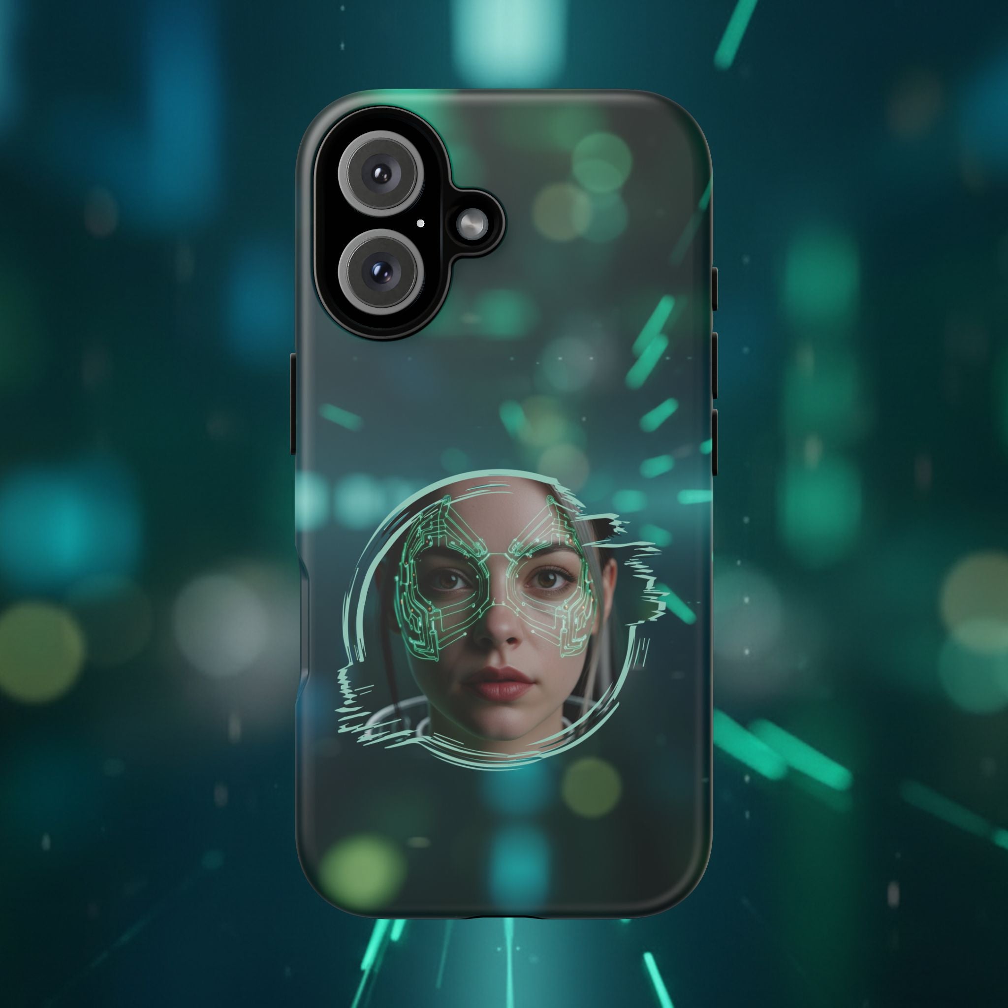 Cyberpunk Portrait Phone Case — Futuristic Neon Tech Face Design Tough Case - Green Cyborg Woman