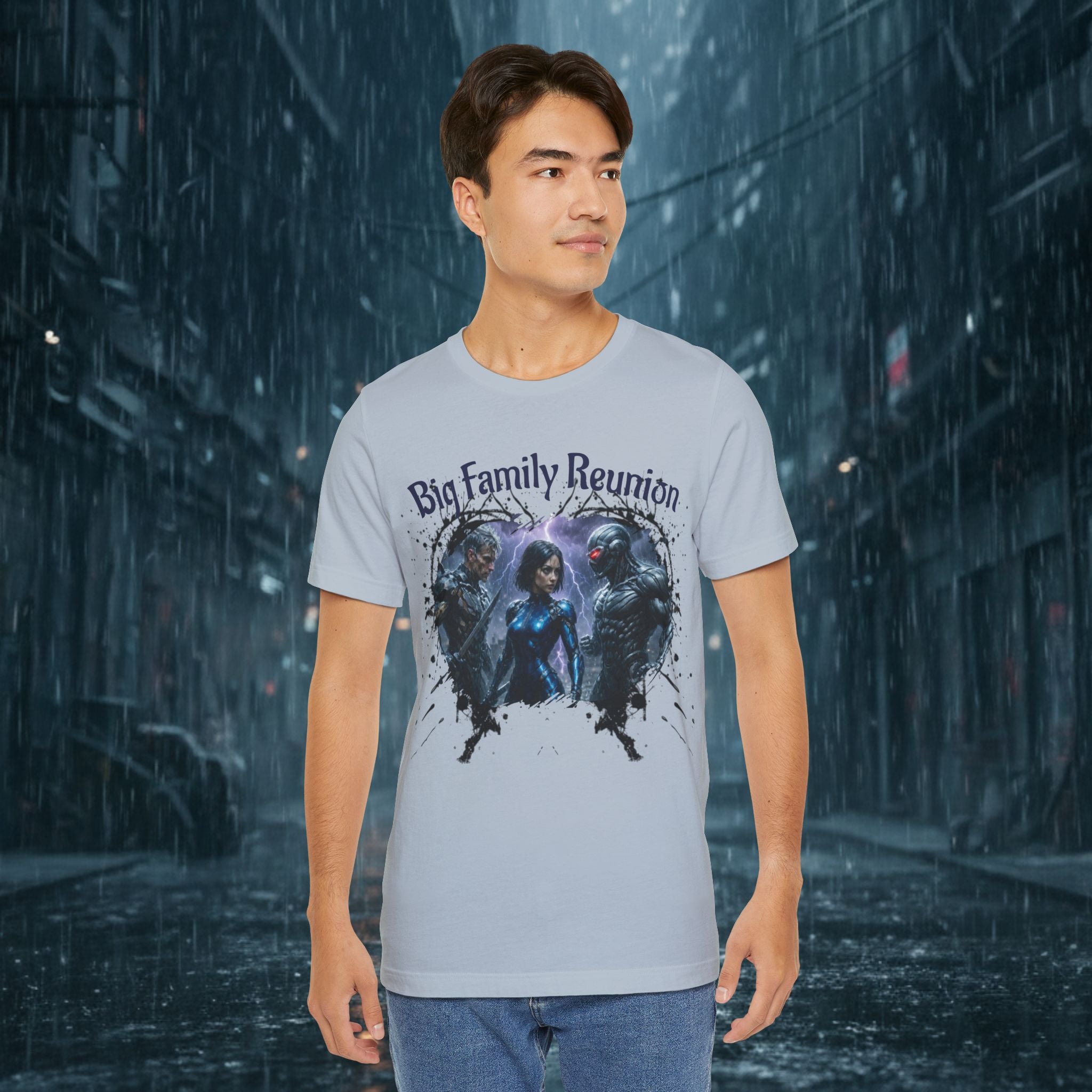 T-Shirt — "Big Family Reunion" Sci‑Fi Character Heart Graphic Tee - Battle Suits