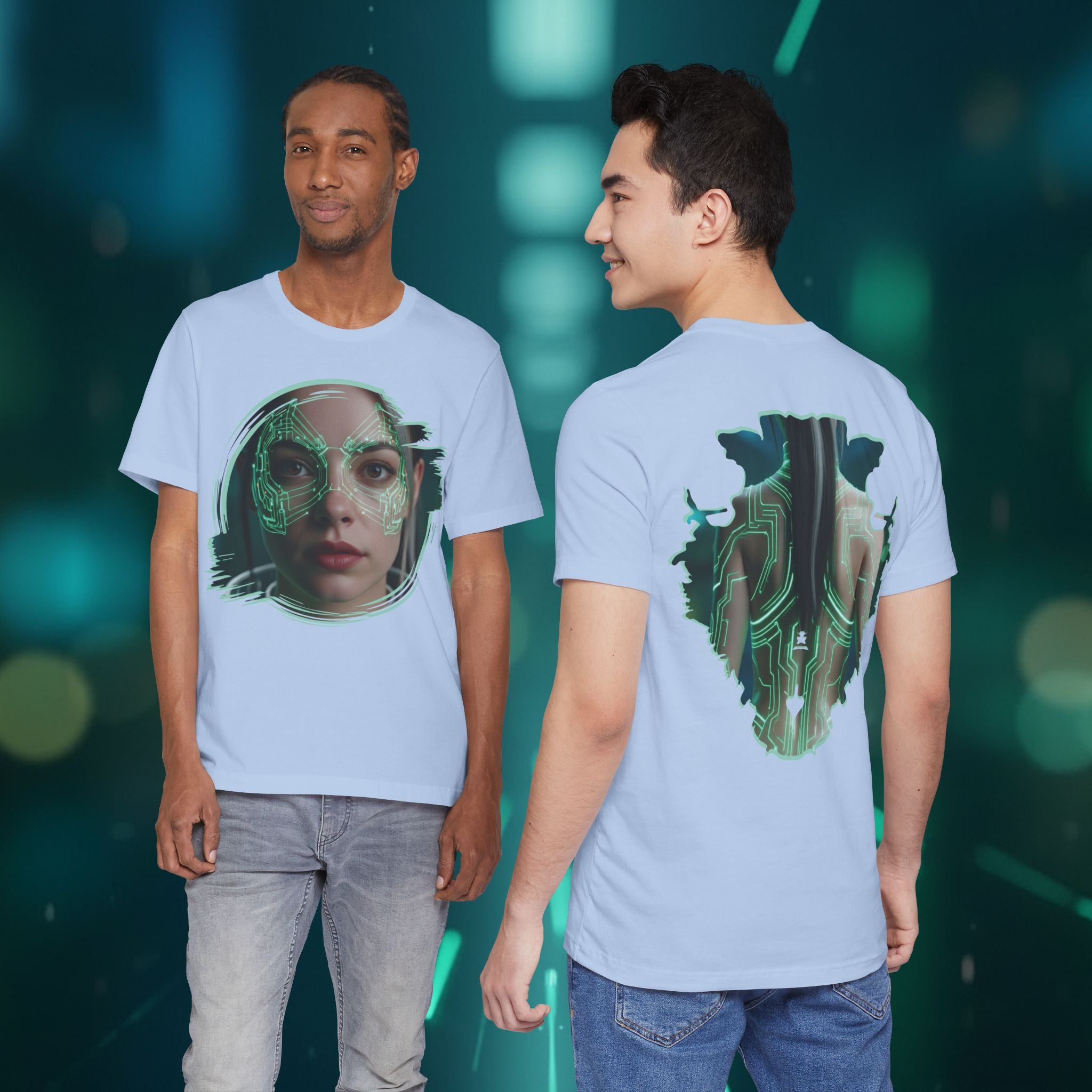 Cybernetic Portrait Tee — Futuristic Neon Circuit Face Graphic Shirt - Green Cyborg Woman