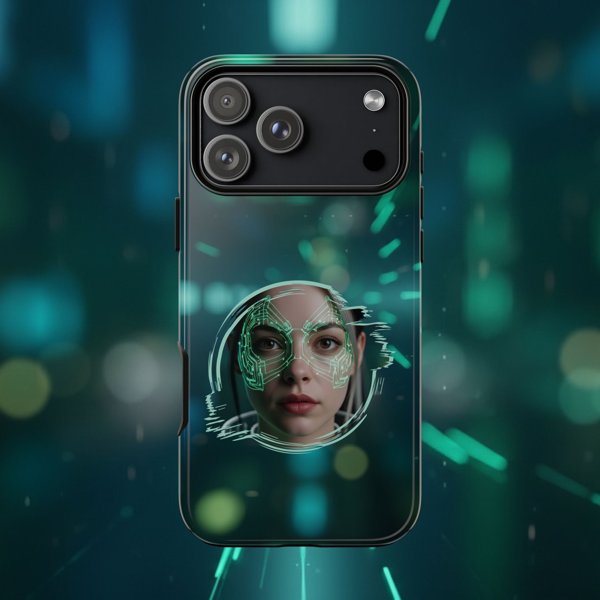 Cyberpunk Portrait Phone Case — Futuristic Neon Tech Face Design Tough Case - Green Cyborg Woman