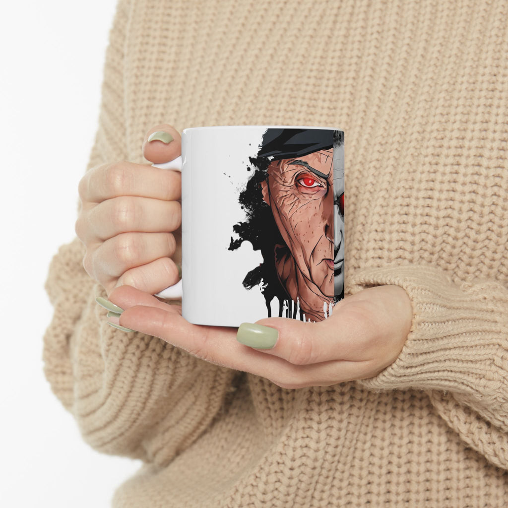 Split Face Cyborg vs Mutant Mug — Sci‑Fi Half‑Human Red Eye Ceramic Coffee Cup (11oz/15oz) JIGSAW Y WESKER - JIGWES