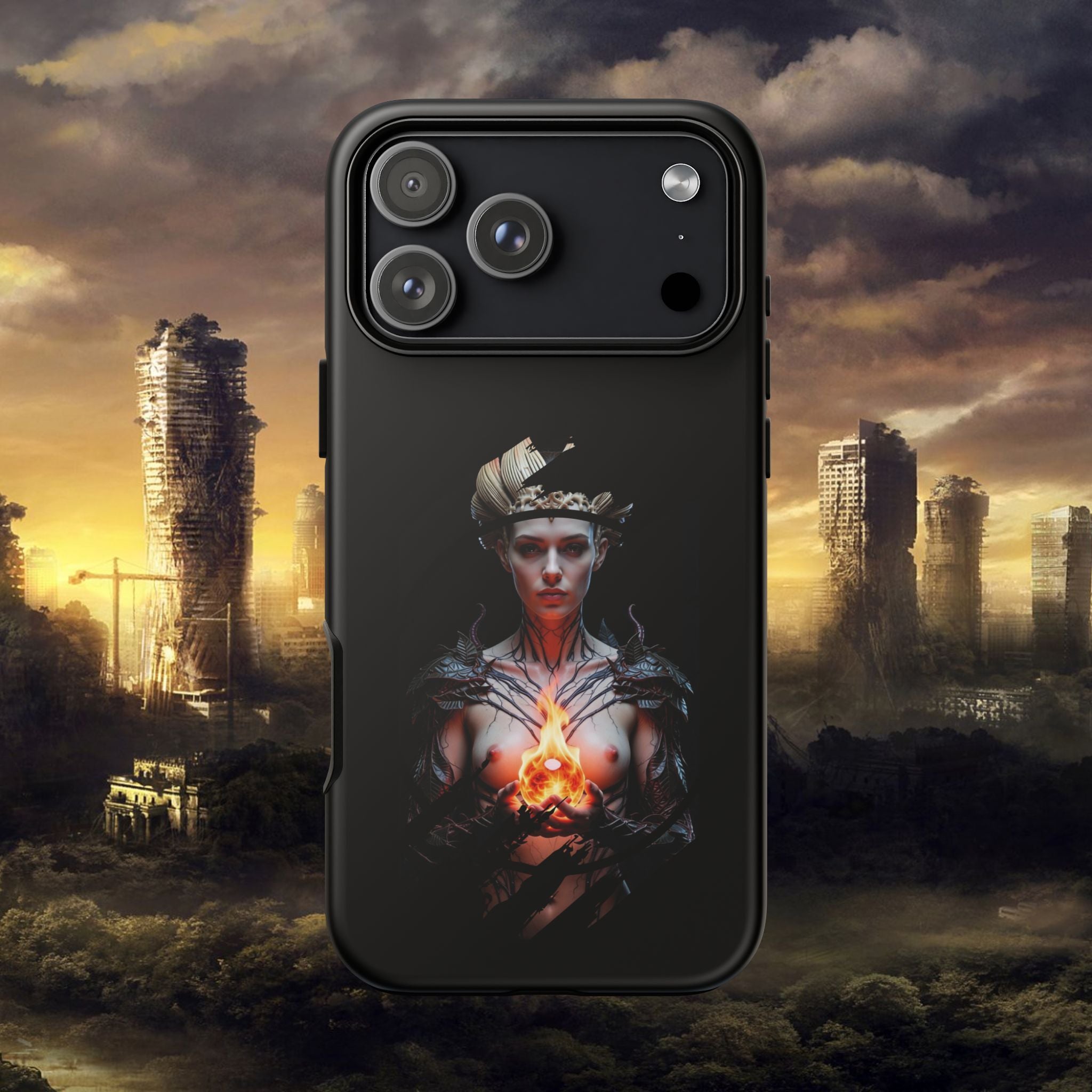 Fantasy Sorceress Phone Case — Dark Magic Mage with Fiery Orb Tough Case - Alexia Ashford